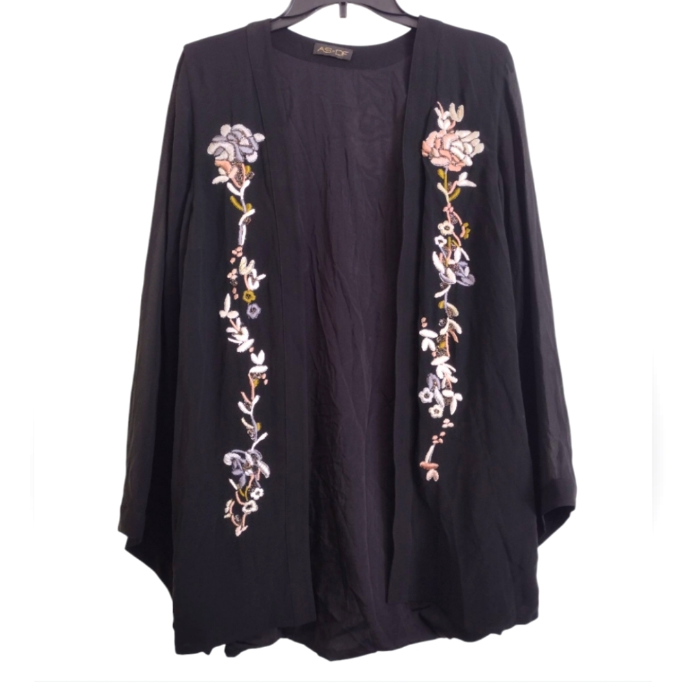 AS By DF Black Floral Embroidered Kimono Style Robe With Beads